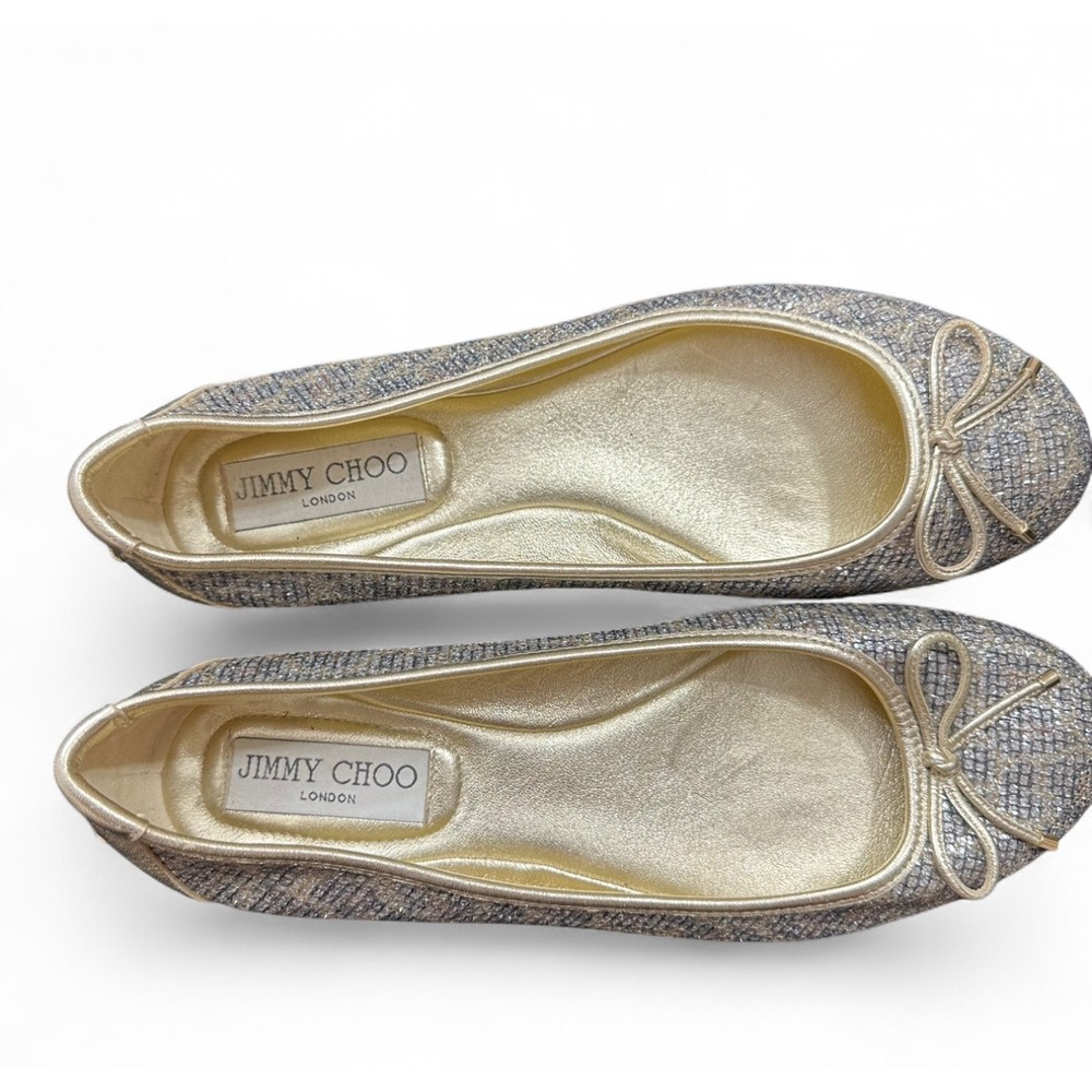 Jimmy Choo Leopard Gold Silver Glitter Ballet Bow Flat Two Tone Women's 37 US 7 - Picture 1 of 8
